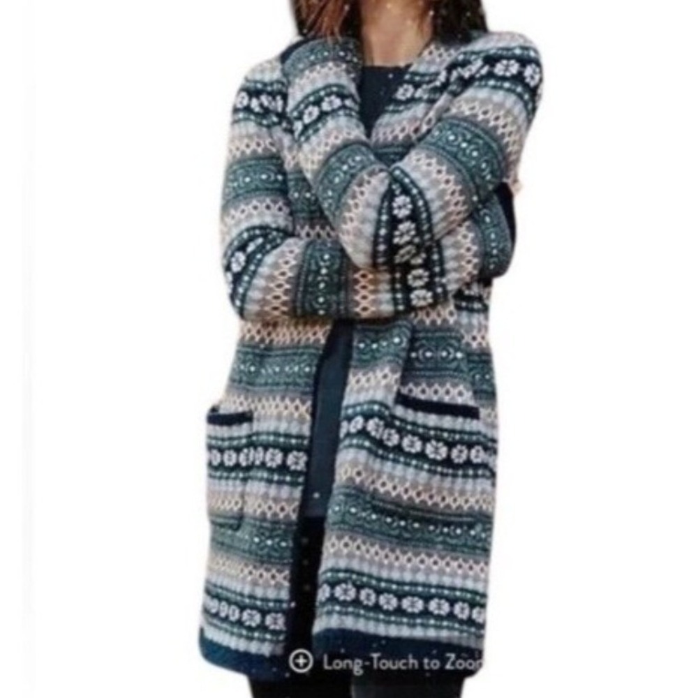J. Jill Fair Isle‎ Cotton Wool Blend Longline Open Cardigan Sweater Pockets Sz L